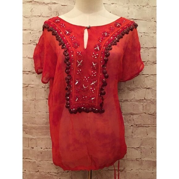 Chico's 0 Short Sleeve Silk Chiffon Top Embellished Cinch Tie Waist Orange - Picture 1 of 4
